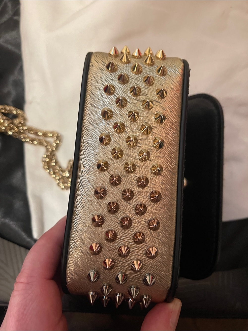 Christian Louboutin Multicolor Tweed Spike-Embellished Crossbody with Gold Chain - Picture 14 of 16